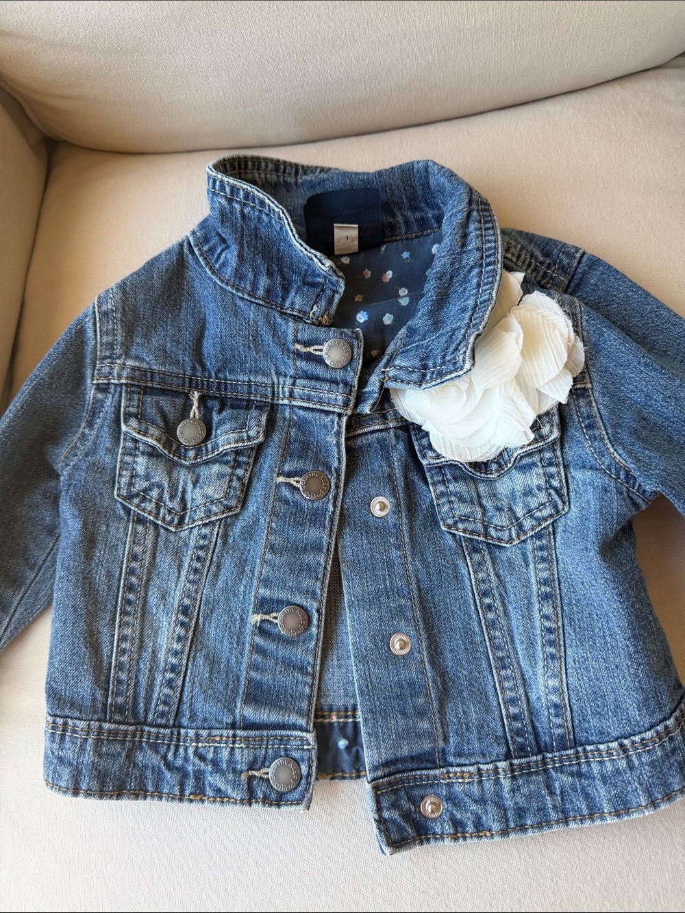Girls' Blue Denim Jacket with White Flower Accent